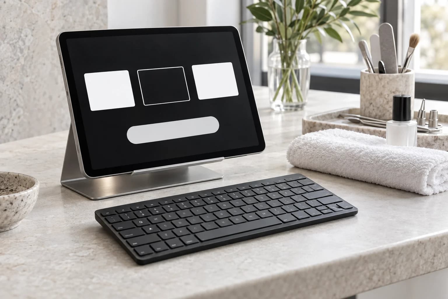 Tablet mit übersichtlicher symbolischer Terminauswahl und separater Tastatur auf einem Studiotisch