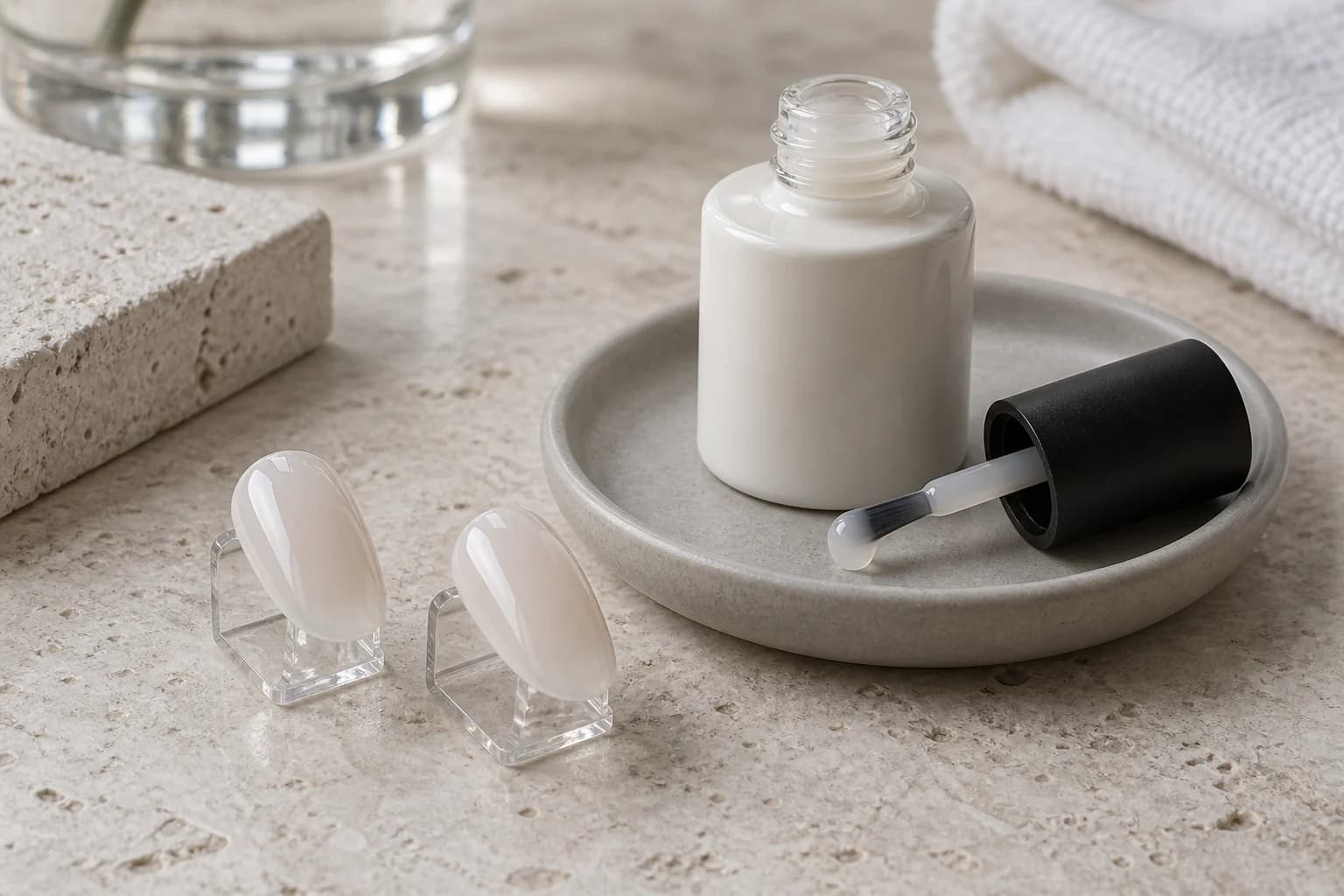 Builder-Gel-Flakon mit Pinsel und sanft gewölbten Naturnagel-Mustern auf einem hellen Tablett