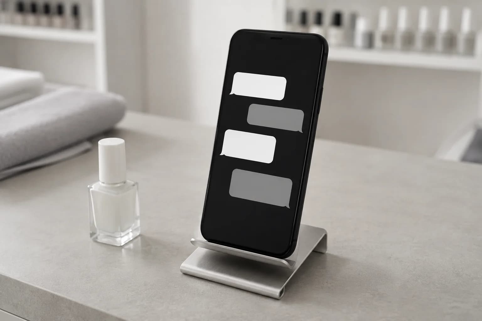Smartphone mit symbolischen Nachrichten auf einem Studiotisch