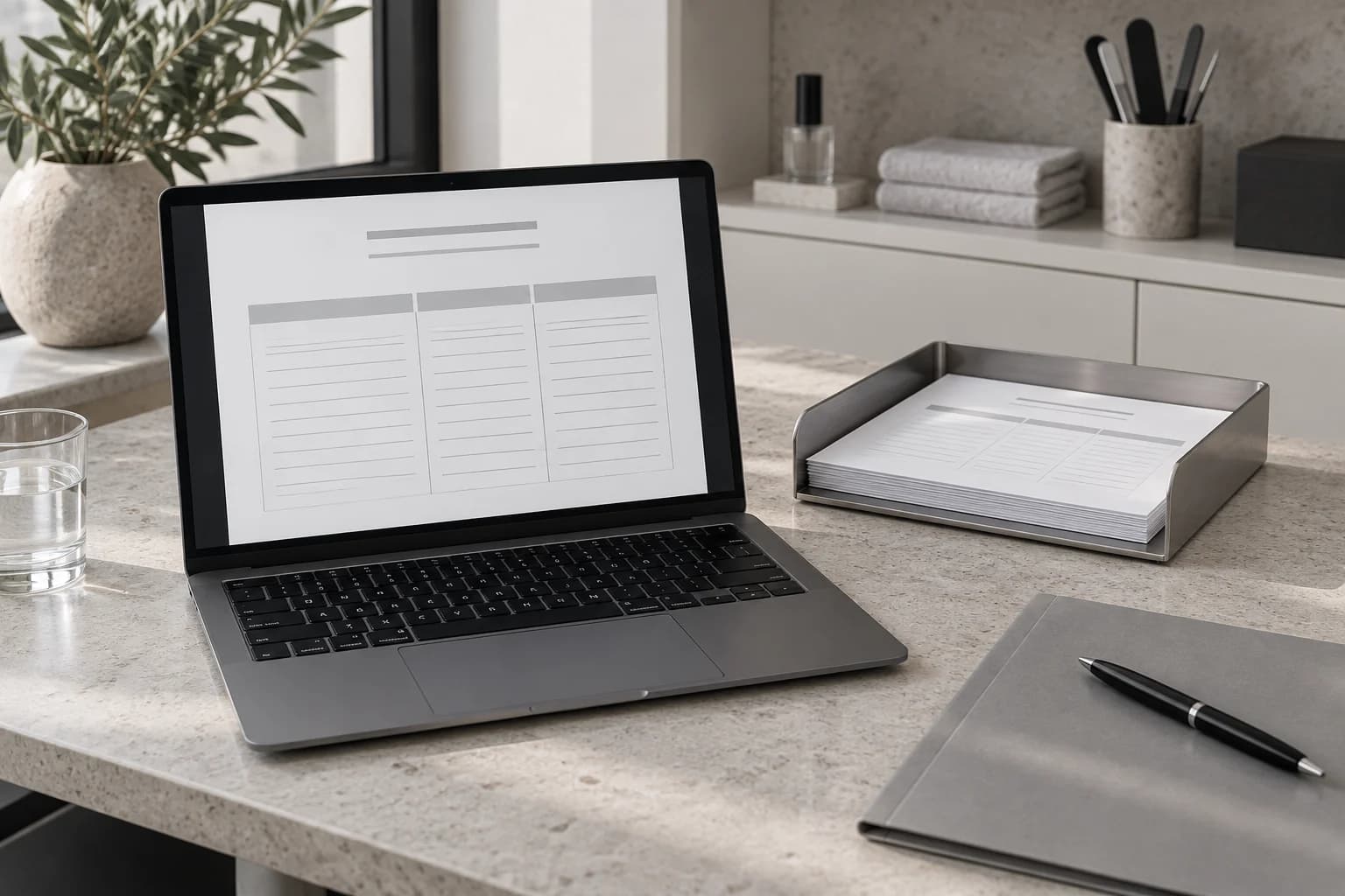 Notebook mit symbolischem Rechnungsdokument neben Ablage und Papierbelegen im Studio