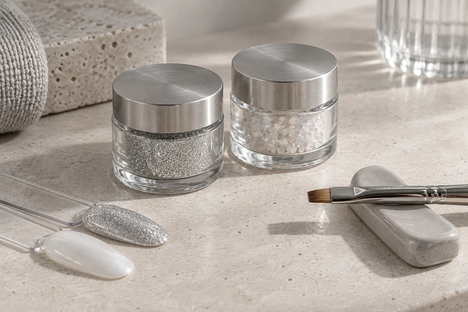 Verschlossene Tiegel mit feinem Silberglitter und passende Nagelmuster auf einer hellen Studiounterlage