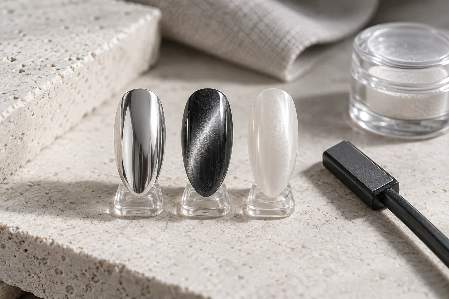 Nagelmuster mit silbernem Chrome-Finish, grauem Cat-Eye-Effekt und perlweißem Glazed-Finish
