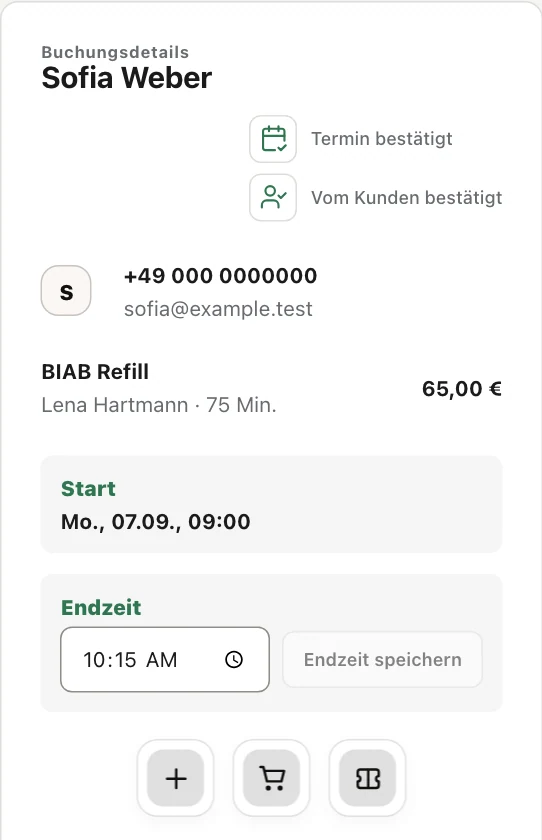 PROPLANU-Buchungsdetails: BIAB Refill, 75 Minuten, 65 Euro, Teammitglied Lena Hartmann, bestätigter Termin von 09:00 bis 10:15.