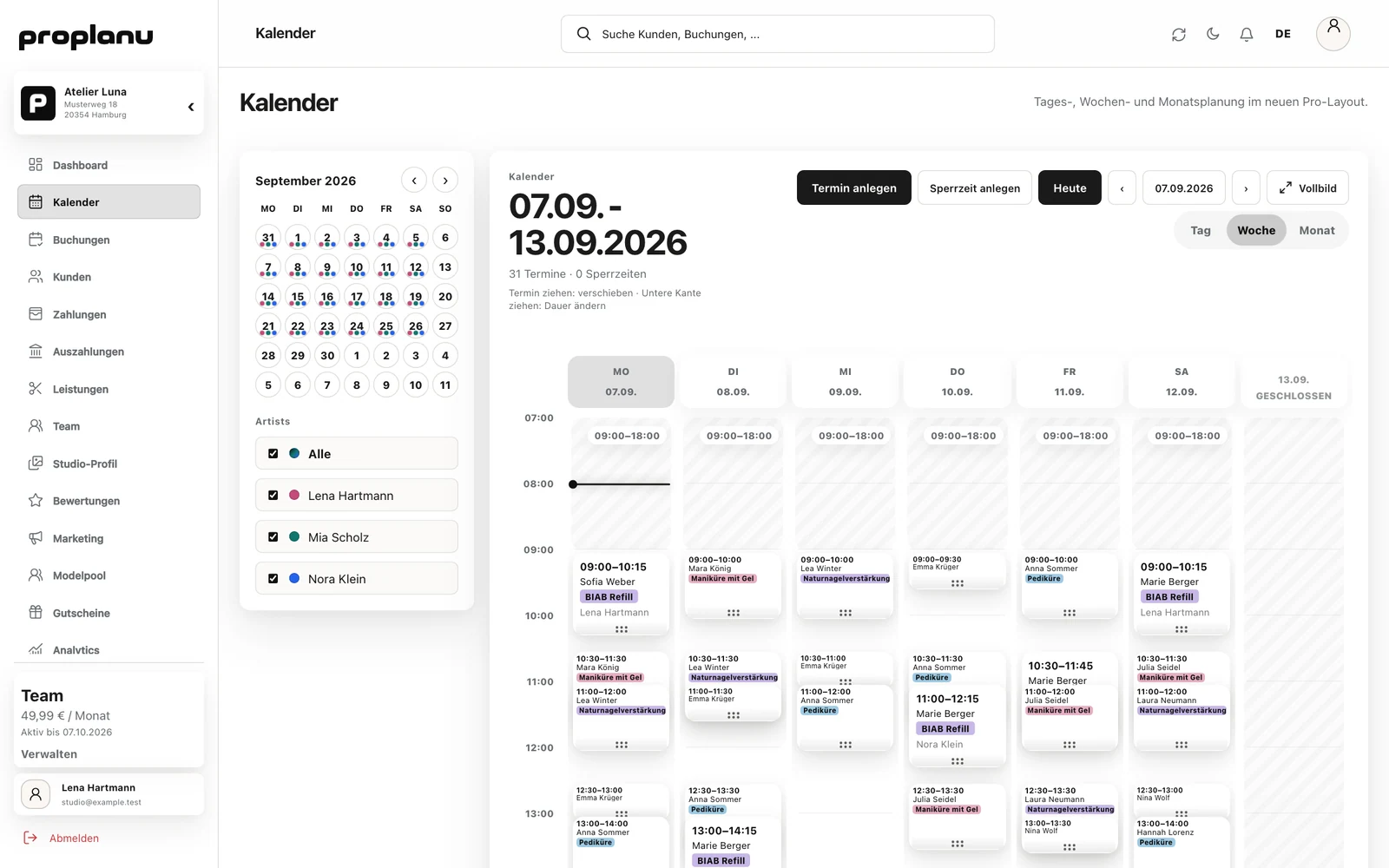 Die echte PROPLANU Wochenansicht während der persönlichen Produktdemo
